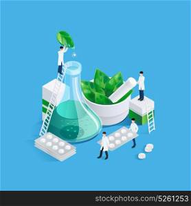 Midgets And Medication Concept. Conceptual background with pharmacy medication images of drug production chemists figures carrying blister cards of pills vector illustration