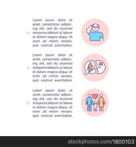 Midlife crisis occurence concept line icons with text. PPT page vector template with copy space. Brochure, magazine, newsletter design element. Changing in relationship linear illustrations on white. Midlife crisis occurence concept line icons with text