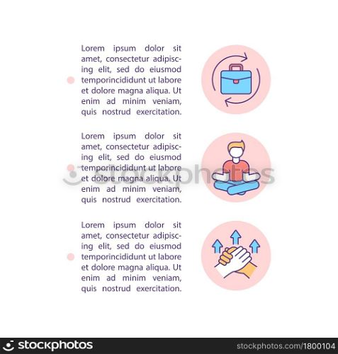 Midlife crisis prevention concept line icons with text. PPT page vector template with copy space. Brochure, magazine, newsletter design element. Changing and meditation linear illustrations on white. Midlife crisis prevention concept line icons with text