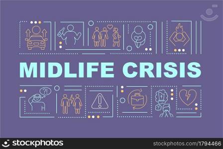 Midlife crisis prevention word concepts banner. Aging problem. Infographics with linear icons on purple background. Isolated creative typography. Vector outline color illustration with text. Midlife crisis prevention word concepts banner