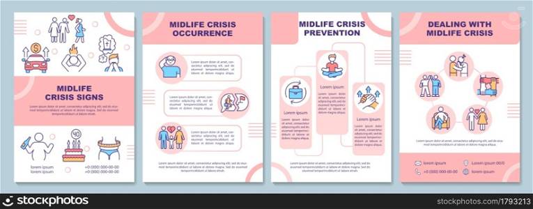 Midlife crisis signs brochure template. Occurrence and prevention. Flyer, booklet, leaflet print, cover design with linear icons. Vector layouts for presentation, annual reports, advertisement pages. Midlife crisis signs brochure template