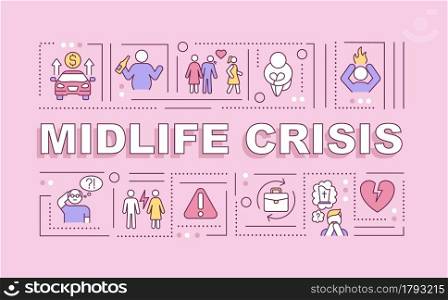 Midlife crisis word concepts banner. Aging problem. Adulthood psychology. Infographics with linear icons on violet background. Isolated creative typography. Vector outline color illustration with text. Midlife crisis word concepts banner