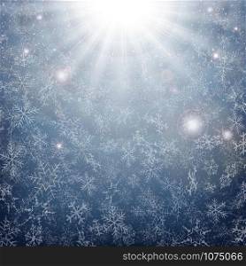 Midnight of Christmas snowflakes time with sun burst effect background. illustration vector eps10