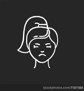 Migraine chalk icon. Girl with headache. Emotional expression on face. Sadness and low mood. Unhappy and worried woman. PMS symptome. Predmenstrual syndrome. Isolated vector chalkboard illustration