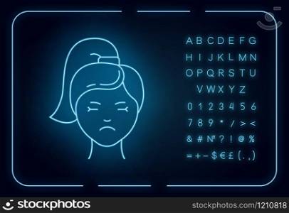 Migraine neon light icon. Girl with headache. Emotional expression on female face. Sadness. Predmenstrual syndrome. Glowing sign with alphabet, numbers and symbols. Vector isolated illustration