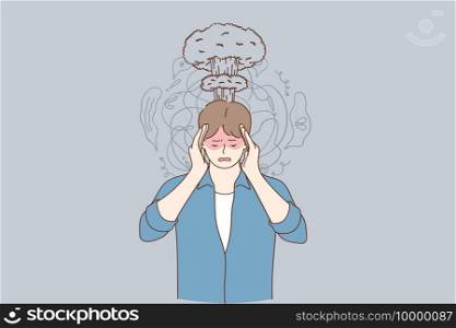Migraine, stress, headache concept. Frustrated stressed man suffering from headache holding hands on head temples having anxiety problems, dementia disease vector illustration. Migraine, stress, headache concept