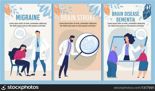 Migraine, Terrible Headache, Brain Stroke, Dementia Diagnosis Disease Therapy for Adult and Retired People. Webpage Banner Set for Online Medical Consultative Service. Vector Cartoon Flat Illustration. Brain Disease Therapy for Adult Retired People Set