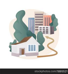 Migration from the countryside to the town abstract concept vector illustration. Migration from countryside, urban areas, country people, moving to cities, travel by car train abstract metaphor.. Migration from the countryside to the town abstract concept vector illustration.