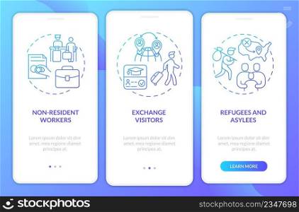 Migration pathways blue gradient onboarding mobile app screen. Access walkthrough 3 steps graphic instructions pages with linear concepts. UI, UX, GUI template. Myriad Pro-Bold, Regular fonts used. Migration pathways blue gradient onboarding mobile app screen