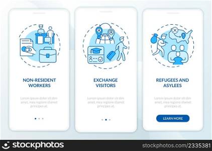 Migration pathways blue onboarding mobile app screen. Permissions walkthrough 3 steps graphic instructions pages with linear concepts. UI, UX, GUI template. Myriad Pro-Bold, Regular fonts used. Migration pathways blue onboarding mobile app screen