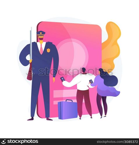 Migration policy abstract concept vector illustration. Migration report, policy research, visa application form, border patrols control, sign documents, put a tick, passport abstract metaphor.. Migration policy abstract concept vector illustration.