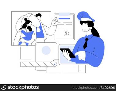 Migration policy abstract concept vector illustration. Migration report, policy research, visa application form, border patrols control, sign documents, put a tick, passport abstract metaphor.. Migration policy abstract concept vector illustration.