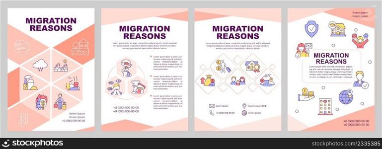 Migration reasons pink brochure template. Moving causes. Leaflet design with linear icons. 4 vector layouts for presentation, annual reports. Arial-Black, Myriad Pro-Regular fonts used. Migration reasons pink brochure template