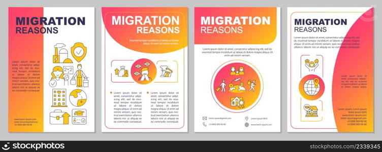 Migration reasons red gradient brochure template. Relocation causes. Leaflet design with linear icons. 4 vector layouts for presentation, annual reports. Arial, Myriad Pro-Regular fonts used. Migration reasons red gradient brochure template