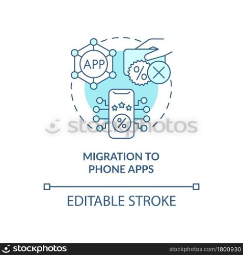 Migration to phone apps blue concept icon. Rewards in app abstract idea thin line illustration. Online customer loyalty program. Clients service. Vector isolated outline color drawing. Editable stroke. Migration to phone apps blue concept icon