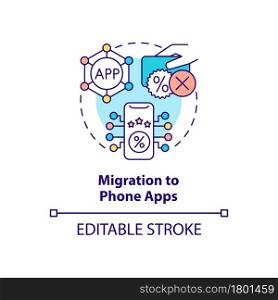 Migration to phone apps concept icon. Rewards in app abstract idea thin line illustration. Online customer loyalty program. Clients service. Vector isolated outline color drawing. Editable stroke. Migration to phone apps concept icon