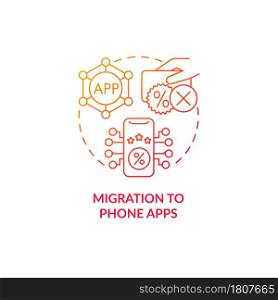 Migration to phone apps red gradient concept icon. Rewards in app abstract idea thin line illustration. Online customer loyalty program. Clients service. Vector isolated outline color drawing.. Migration to phone apps red gradient concept icon