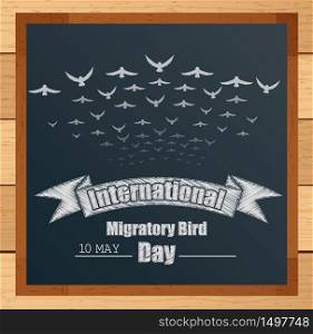 Migratory birds mechanism with ribbon and flying birds written by chalk on blackboard.Vector