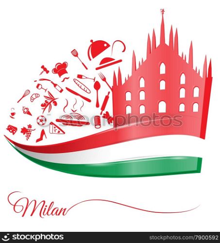 milan cathedral with food element . milan cathedral with food element on italian flag