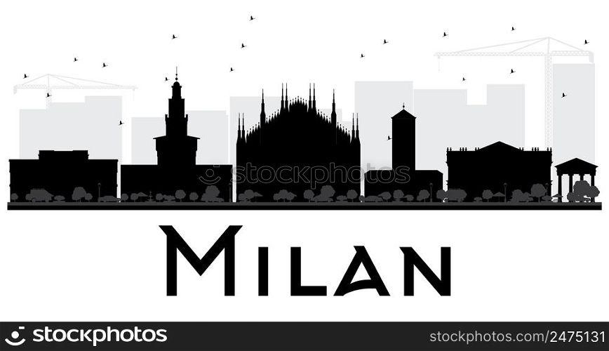 Milan City skyline black and white silhouette. Vector illustration. Simple flat concept for tourism presentation, banner, placard or web site. Business travel concept. Cityscape with landmarks