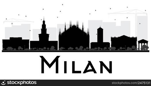 Milan City skyline black and white silhouette. Vector illustration. Simple flat concept for tourism presentation, banner, placard or web site. Business travel concept. Cityscape with landmarks