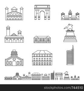 Milan Italy city skyline icons set. Outline illustration of 9 Milan Italy city skyline vector icons for web. Milan Italy city skyline icons set, outline style