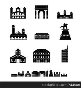 Milan Italy city skyline icons set. Simple illustration of 9 Milan Italy city skyline vector icons for web. Milan Italy city skyline icons set, simple style