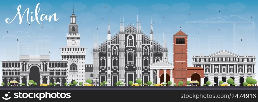 Milan Skyline with Gray Landmarks and Blue Sky. Vector Illustration. Business Travel and Tourism Concept with Historic Buildings. Image for Presentation Banner Placard and Web Site.