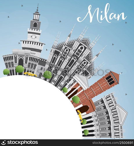 Milan Skyline with Gray Landmarks, Blue Sky and Copy Space. Vector Illustration. Business Travel and Tourism Concept with Historic Buildings.