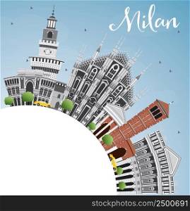 Milan Skyline with Gray Landmarks, Blue Sky and Copy Space. Vector Illustration. Business Travel and Tourism Concept with Historic Buildings.