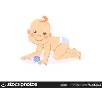 Milestones baby of six or seven month standing on knees with rattle in hands isolated infant in diaper. Vector newborn toddler boy or girl with toy. Milestones Baby of Six Month Standing on Knees