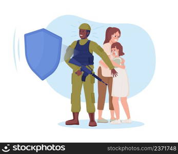 Militant protecting citizens 2D vector isolated illustration. Scared people in danger flat characters on cartoon background. Soldier in body armour colourful scene for mobile, website, presentation. Militant protecting citizens 2D vector isolated illustration