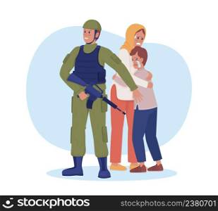 Militant protecting scared people 2D vector isolated illustration. Citizens in danger flat characters on cartoon background. Brave soldier colourful scene for mobile, website, presentation. Militant protecting scared people 2D vector isolated illustration
