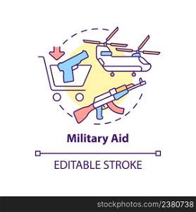 Military aid concept icon. Type of international aid abstract idea thin line illustration. Lethal weapons. Guns, aircraft. Isolated outline drawing. Editable stroke. Arial, Myriad Pro-Bold fonts used. Military aid concept icon