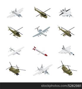 Military Air Force Isometric Icon Set. Military air force isometric icon set airplanes and helicopters with different types colors sizes and purposes