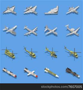 Military air forces isometric set with intercontinental ballistic missile stealth bomber fighter attack helicopter interceptor vector illustration