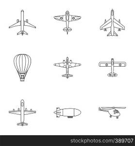 Military air transport icons set. Outline illustration of 9 military air transport vector icons for web. Military air transport icons set, outline style