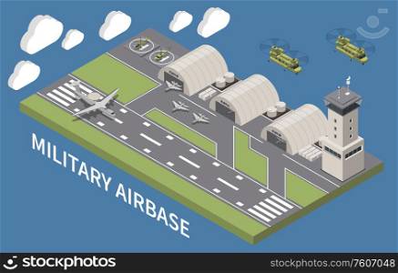 Military airbase airfield aerodrome facility with hangars traffic control tower landing aircraft flying helicopters isometric vector illustration