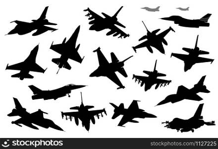 Military aircraft collection. Vector silhouettes. Collection of vector fighters. Detailed silhouettes