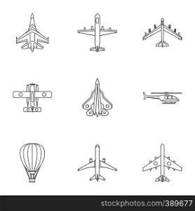 Military aircraft icons set. Outline illustration of 9 military aircraft vector icons for web. Military aircraft icons set, outline style