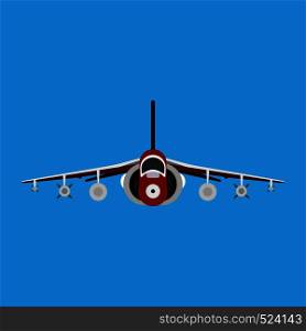 Military aircraft vector icon front view. Aviation air fighter jet. War plane advanced. Interceptor speed game navy vehicle