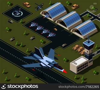 Military airport isometric. Low poly 3d of usa aircraft. Airplane on airbase, helicopter flight transportation. Vector illustration. Military airport isometric. Low poly 3d of usa aircraft