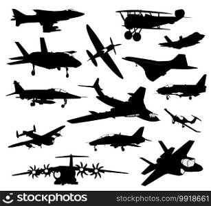 Military and civil vector aircraft silhouettes collection. Retro and modern. Vector aircrafts set