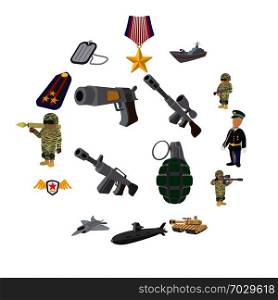 Military and war cartoon icons set isolated on white background. Military and war cartoon icons