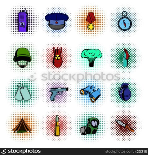 Military and war comics icons set isolated on white background. Military and war comics icons