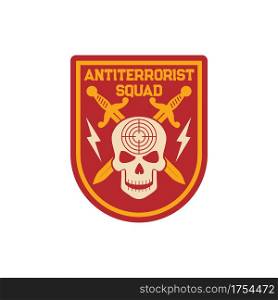 Military anti terrorist squad patch on uniform with crossed swords, skull with target aim, thunder signs isolated. Vector special forces elite squadron, armored trooper badge special troops chevron. Antiterrorist squad chevron with skull and swords