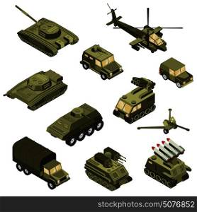 Military armored transportation cargo personnel carrier fighting land vehicles and helicopter isometric icons collection isolated vector illustration . Military Vehicles Isometric Set