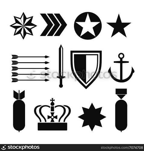 Military army elements collection isolated on white. Army elements, vector illustration. Military army elements collection isolated on white