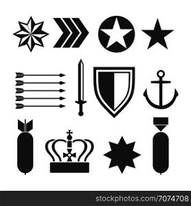 Military army elements collection isolated on white. Army elements, vector illustration. Military army elements collection isolated on white