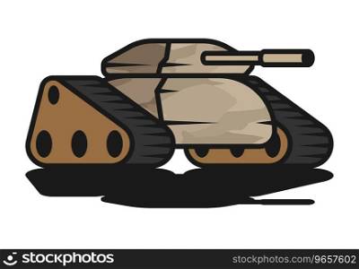 Military army track tank with sand camouflage coloring and long barrel for firing projectiles at enemy. Heavy self propelled artillery equipment. Cartoon outline vector isolated on white background